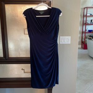 Navy Lauren size 6 sleeveless dress. V neck. Ruched side knee length pull on.